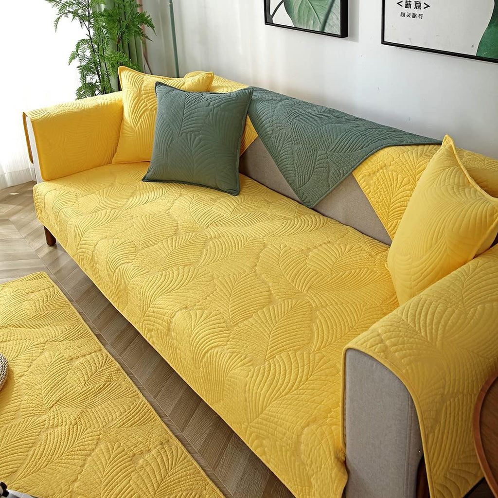 Solid Color Leaf Cotton Quilted Sofa Covers Anti-Slip Soft Sectional Couch Cover Washable Sofa Slipcover for Dogs