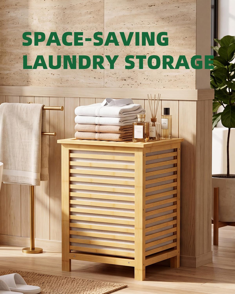 Double Laundry Hamper with Lid, 120L Bamboo Laundry Basket with Removable Liner Bag, 2-Section Clothes Divider