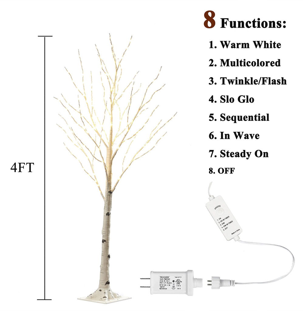 Lighted Twig Birch Tree Plug in with 8 Functions 4FT 200 Warm White and Multi Color LED Lights for Indoor Outdoor