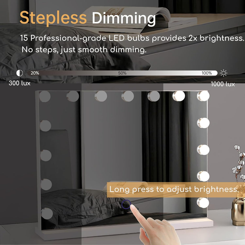 Hollywood Vanity Mirror with Lights, 23"x18" Lighted Makeup Mirror with 10x Magnification for Desk/Wall Mount, 15 Led