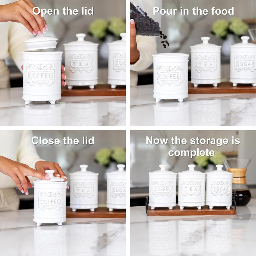 3-Piece Ceramic Canister Set, 35 Oz Each, 6.5-Inch, Airtight Lids - Set of 3