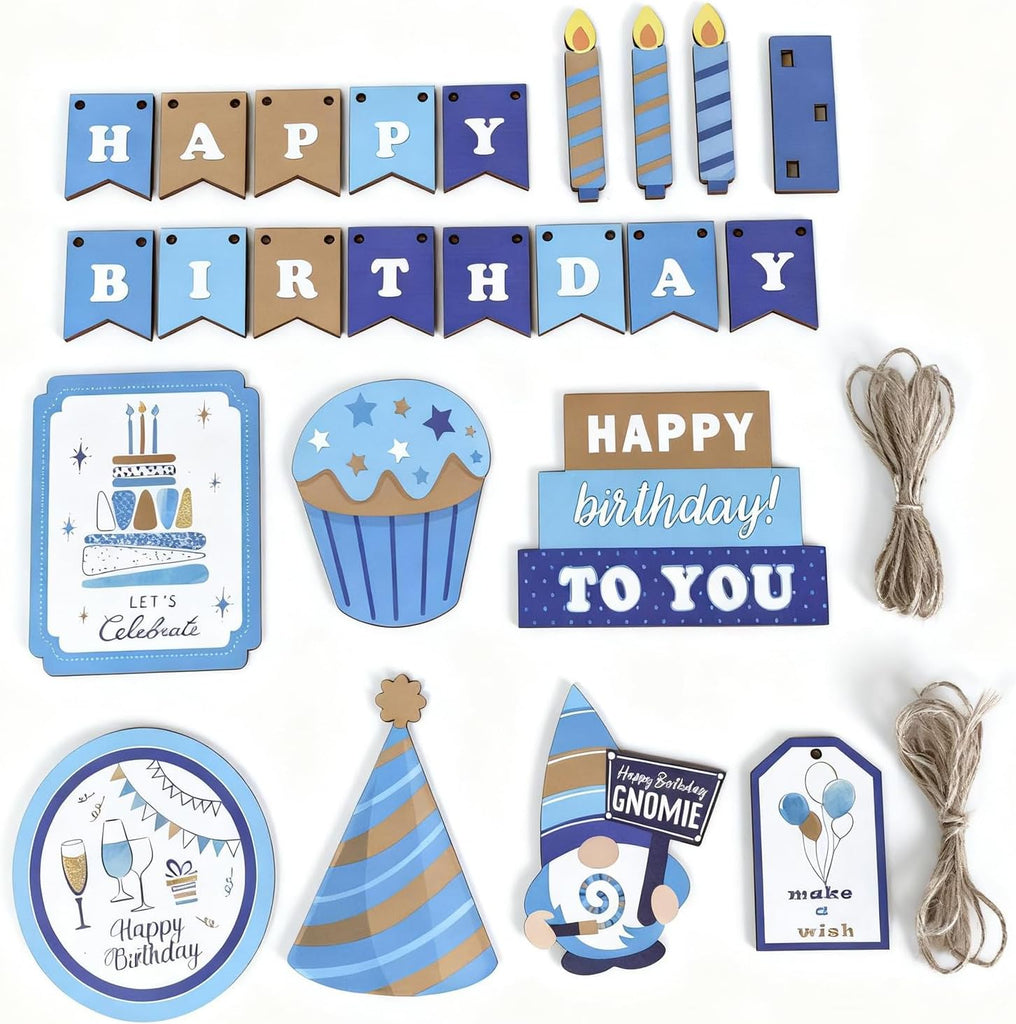 Wooden Tiered Tray Decor Set, Farmhouse Birthday Decor with Happy Birthday Sign, Rustic 2 Tier Tray Stand - Set of 24
