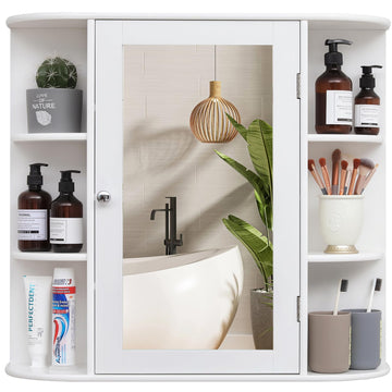 Bathroom Medicine Cabinet with Mirror, Bathroom Wall Cabinet with 2 Adjustable Shelves & 6 Open Shelves, Medicine