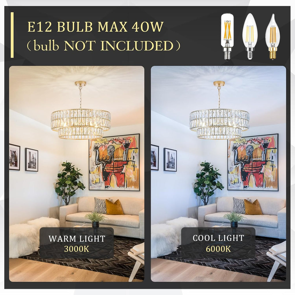 24'' Modern Crystal Chandelier 8-Lights Luxury Gold Semi Flush Mount Ceiling Light Fixtures Round Crystal Pendant
