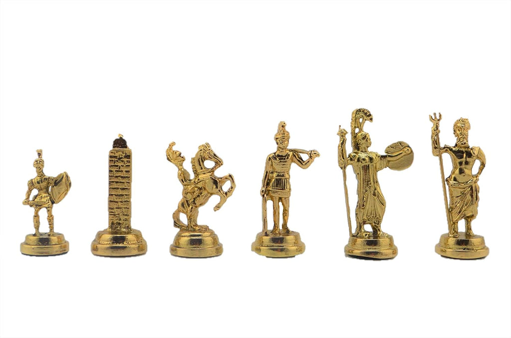 Metal Chess Set for Adults Greek Figures,Handmade Pieces and Different Design Wooden Chess Board with Storage (Walnut)