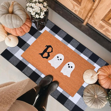 Halloween Door Mat Combo Set, Boo Ghost Coco Coir Welcome Doormat + 28" x 43" Black and White Plaid Rug, Autumn