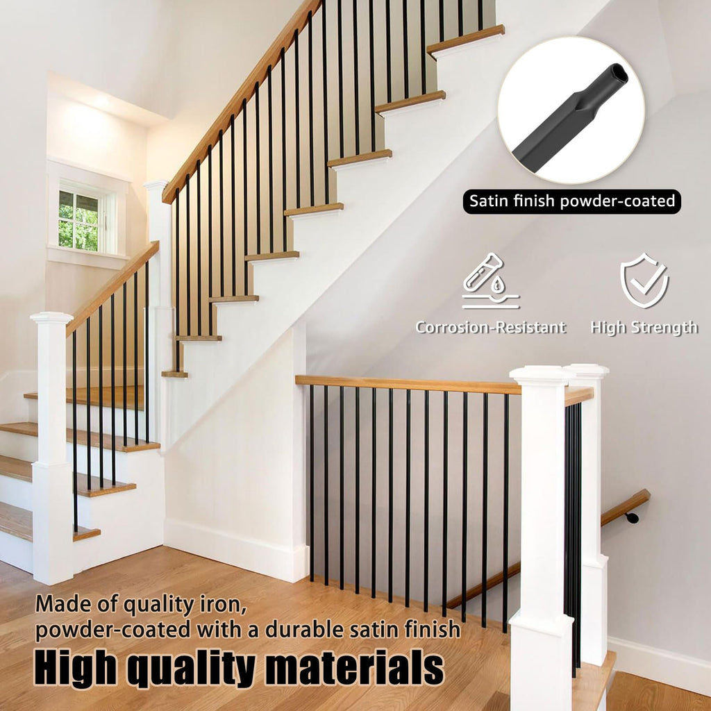 50 Pcs Iron Balusters for Staircase, 1/2" x 44" Wrought Iron, Square Metal Hollow Straight Spindles for Stairs, Satin