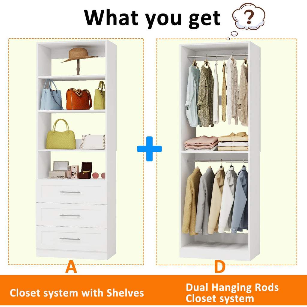 Closet System with 3 Drawers, 4FT-10.5FT Wooden Organizer System