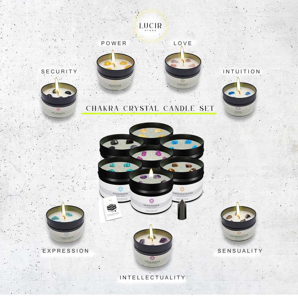 7 Chakra Crystal Candles Set - Scented Soy Candles with Natural Crystals & Surprise Crystal Wand - Meditation, Yoga &