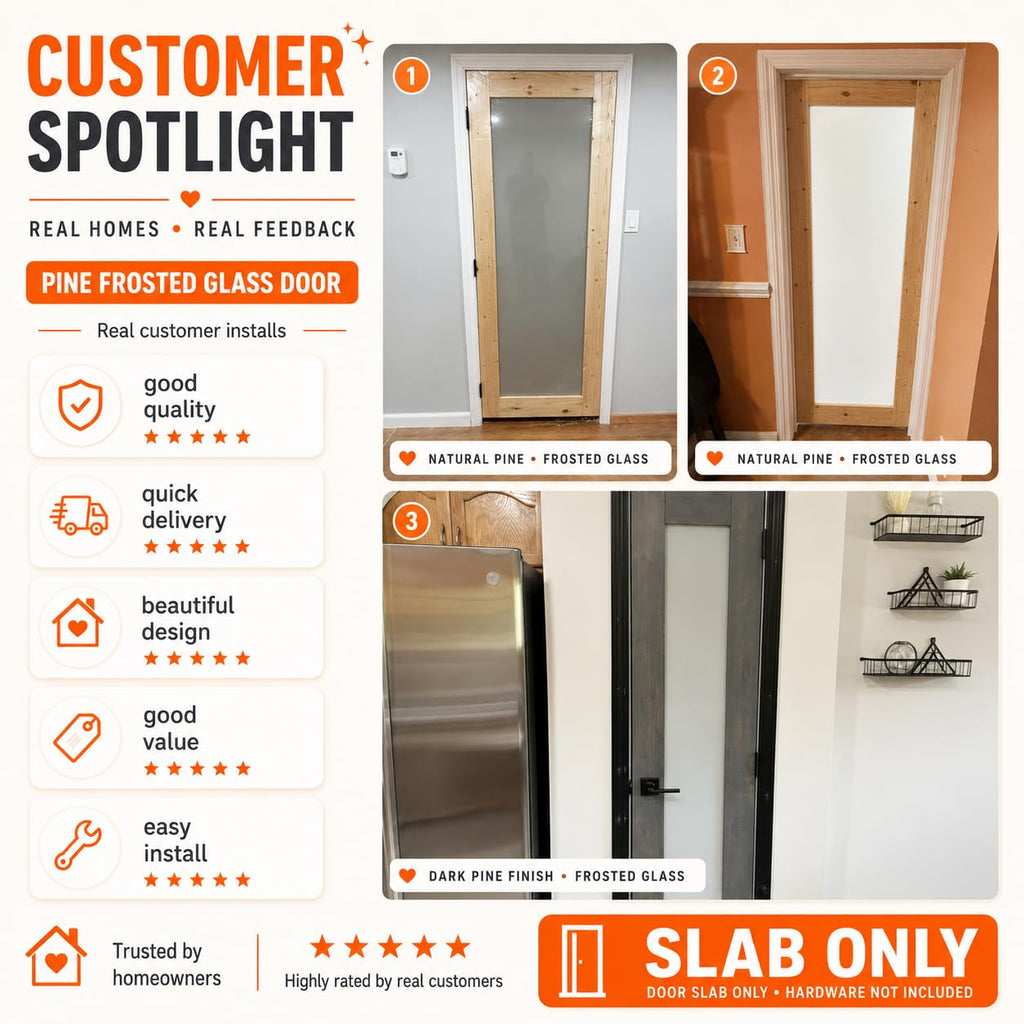 32x80 Pantry Door Interior Slab, 1-Lite Pine Frosted Glass Doors, Room Doors