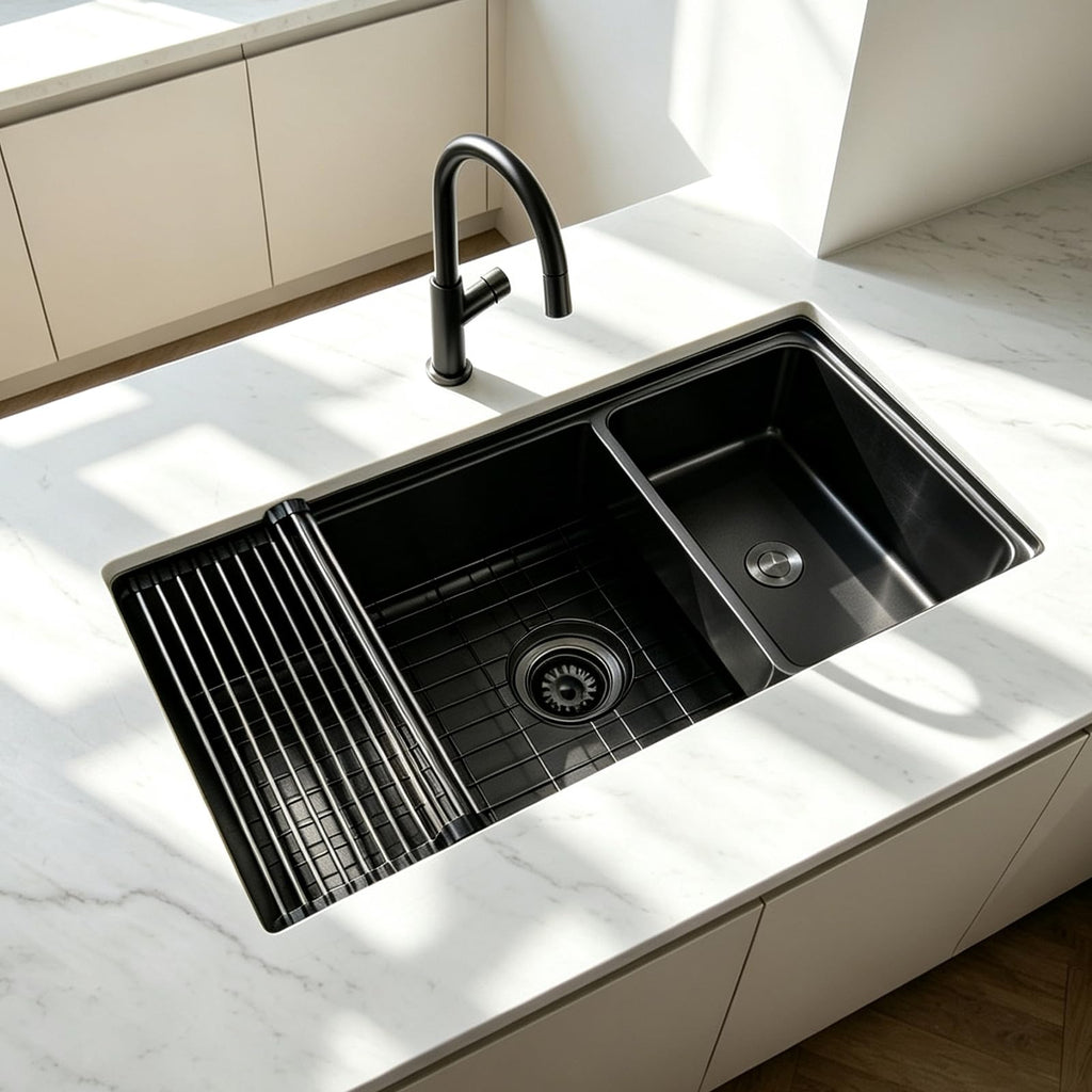 Black Undermount Kitchen Sink, 32 Inch Single Bowl Workstation Stainless Steel Sink, 81.3×45.7cm Black Kitchen Basin
