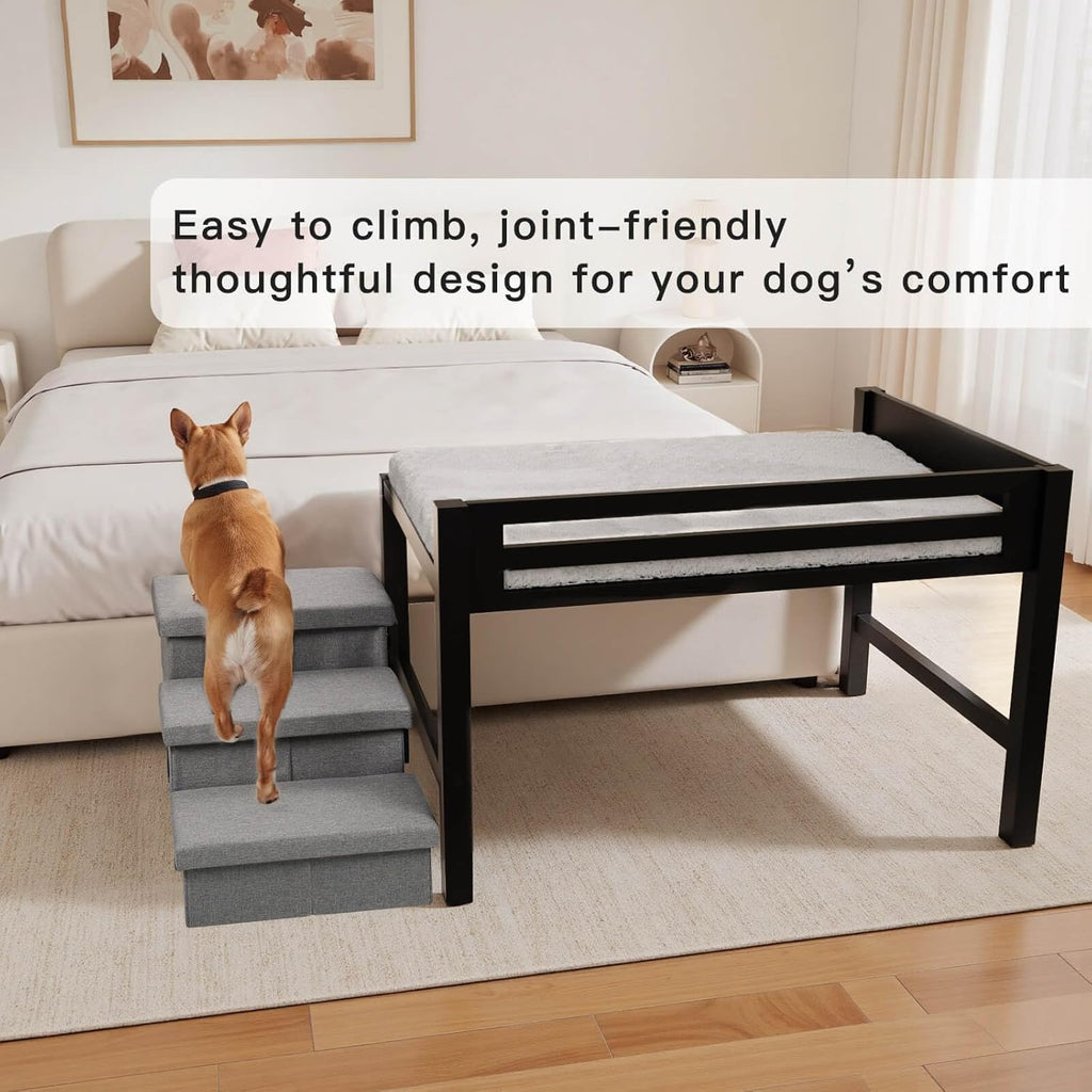 41‘’x27''Bedside Dog Bed with Stairs, Wooden Elevated Dog Bunk Bed Cosleeper with Removable Mattress