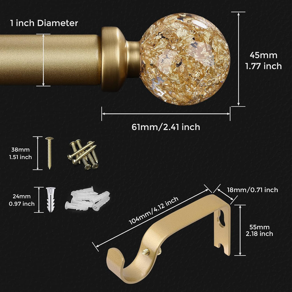 Gold Curtain Rods for Windows 28 to 48 Inch, 1'' Heavy Duty Adjustable Drapery Rod with Unique Crystal Ball Finials