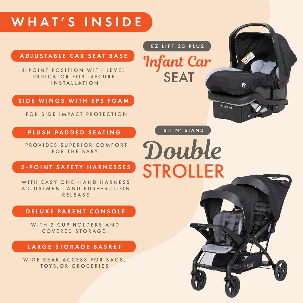Baby Trend Compact Double Stroller & Infant Car Seat Combo, 2 Pc, Stormy