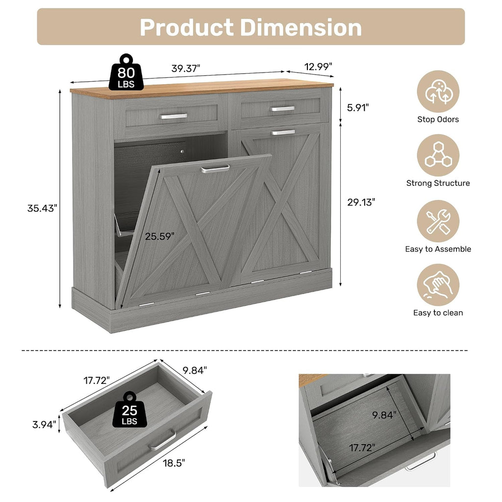 Double Tilt Out Trash Can Cabinet, 2 x 10 Gallons Hidden Garbage Recycling Cabinet with Hideaway Drawers Pet Proof
