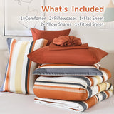 Queen Comforter Set, 7 Pieces Bed in a Bag Orange Queen Bed Set, Soft Boho Striped Bedding Sets with Sheets