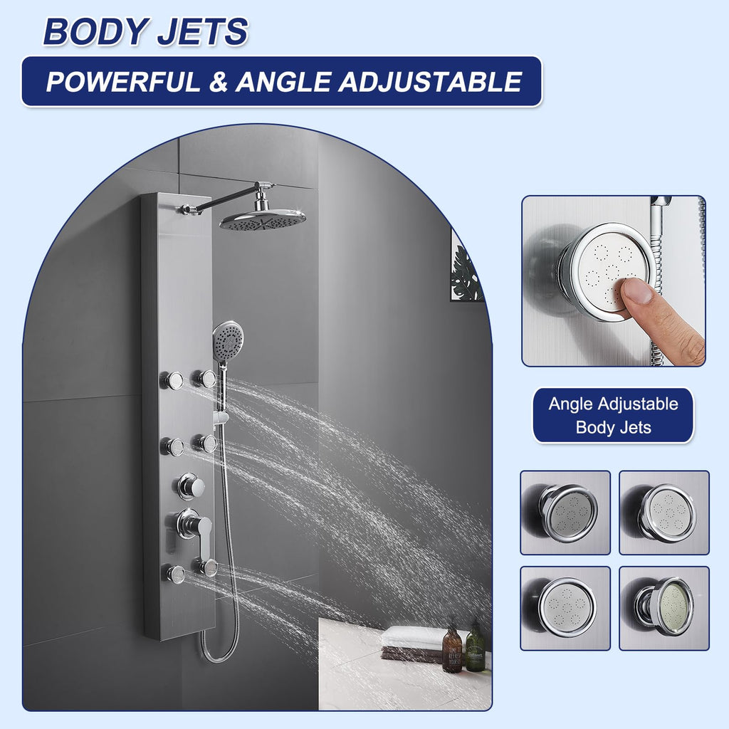 Shower Panel Tower System with Adjustable 6 Body Jets, Brushed