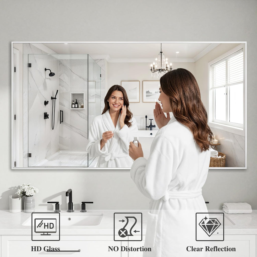 White Rectangle Wall Mirror, 30x60 Inch Bathroom Mirror, Aluminum Frame Vanity Mirror Bathroom, Hangs Horizontally or
