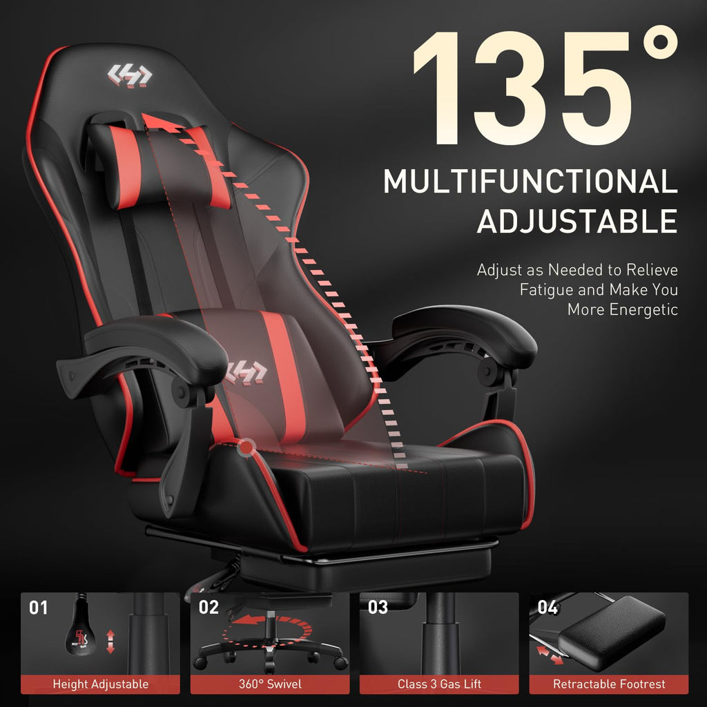 Gaming Chair with Footrest, Lumbar Support & Headrest, Black&Red