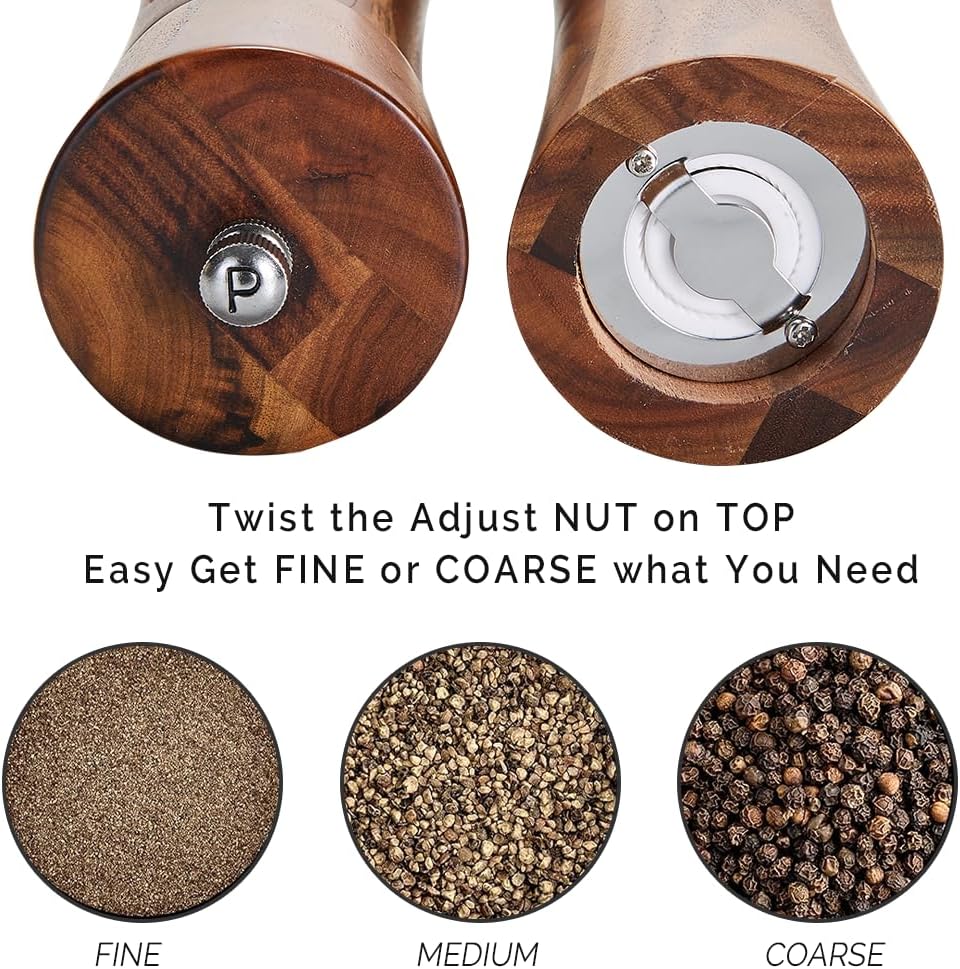 Wooden Salt and Pepper Grinder Set with Tray, 8 Inch Manual Salt & Pepper Shakers with Adjustable Coarseness, Salt - Set of 2