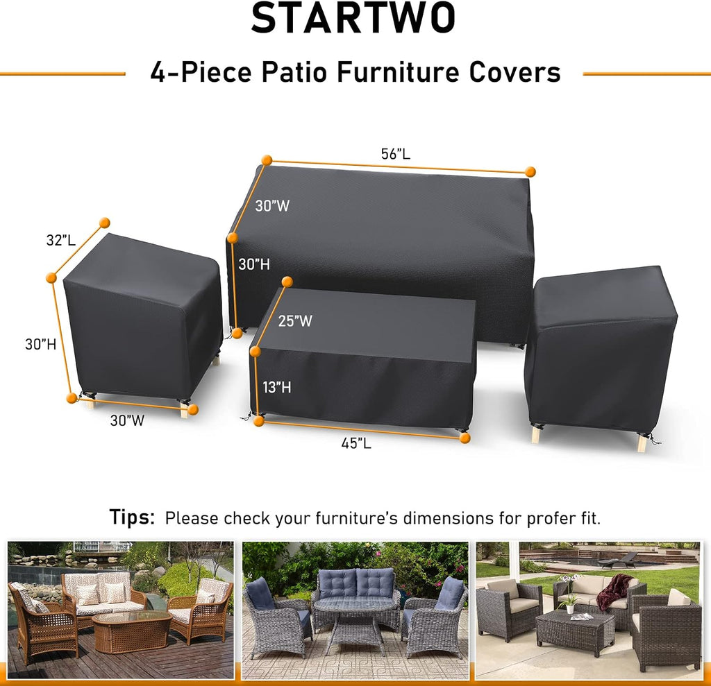 Outdoor Furniture Cover Waterproof | Patio Furniture Covers 4 Piece Set for Chairs, Couch, Table Coffee, Black