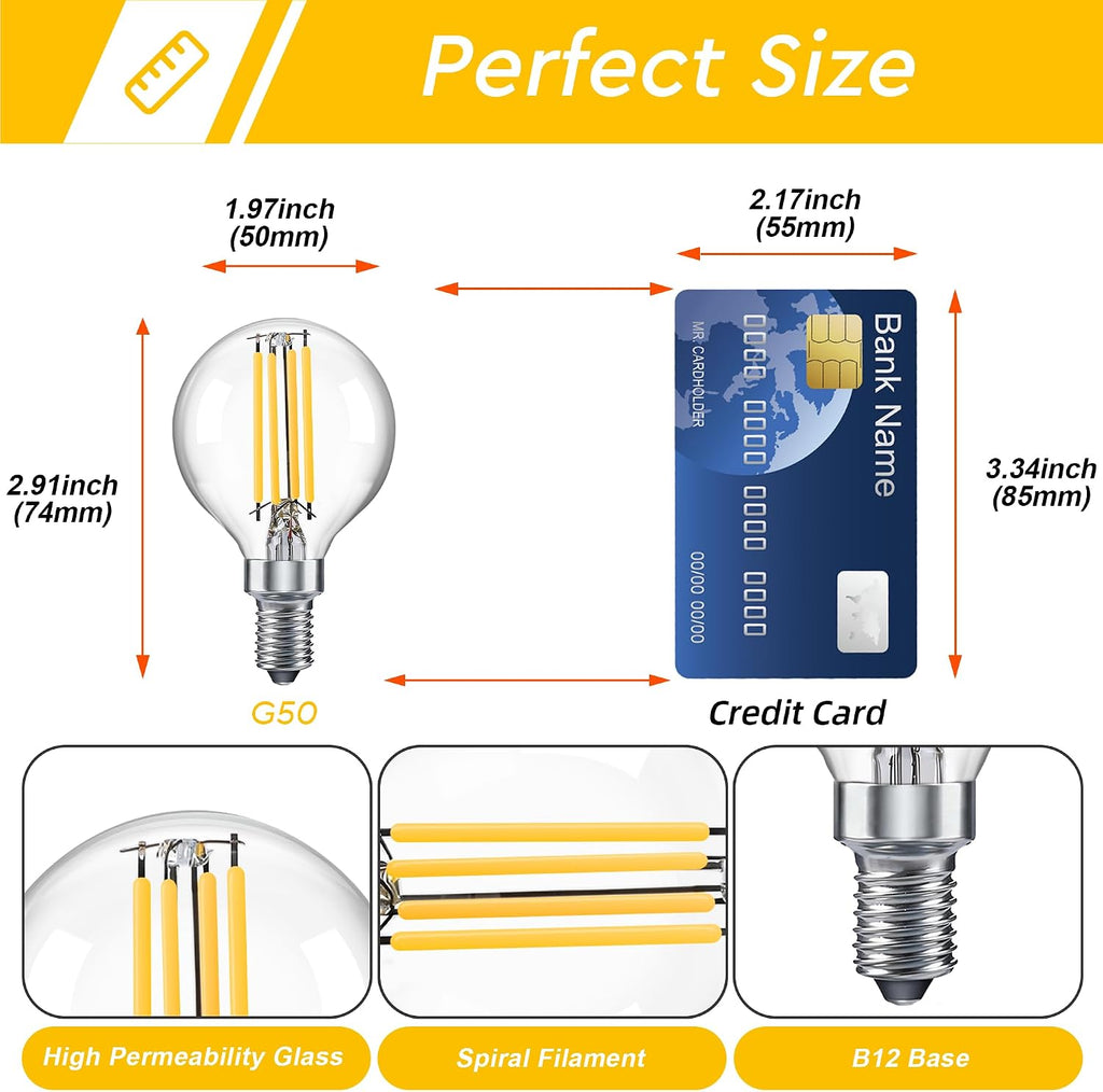 Dimmable Globe G16.5 E12 LED Bulb 60W,Type G Bulb 6W,2700K 600LM
