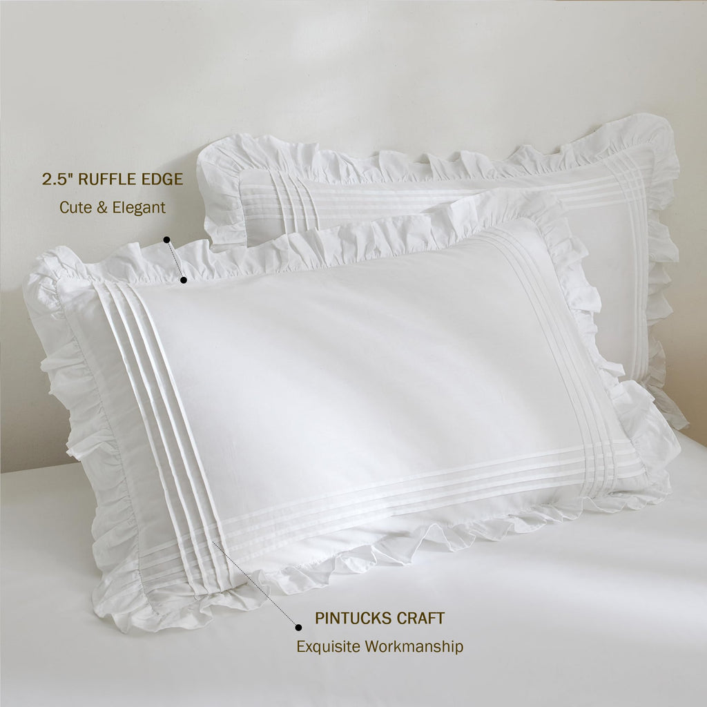 White Ruffle Pillow Shams 2Pcs, 100% Cotton Pillow Cases, 20x36