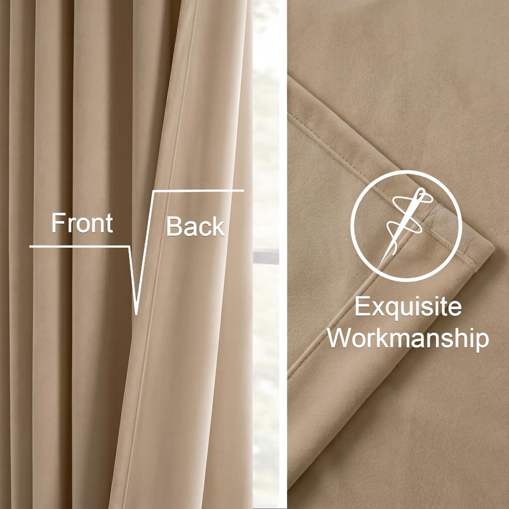Beige Velvet Curtains 84 Inch Length Bedroom Khaki Elegant Luxury Room Darkening Grommet Drapes Viral Famous Blackout