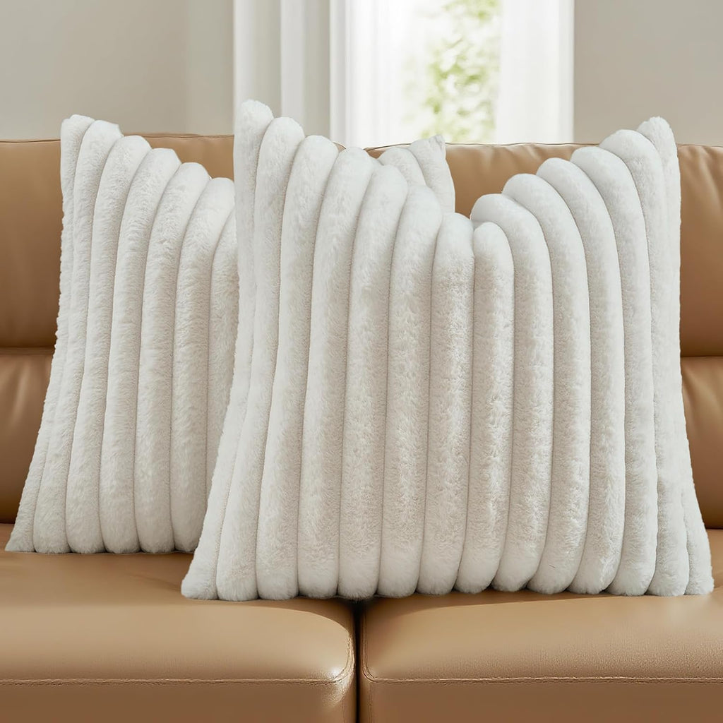 Pack of 2 Fluffy Faux Fur Throw Pillow Covers 26x26 Inch Elegant Striped Textured Decorative Euro Pillow Shams Modern