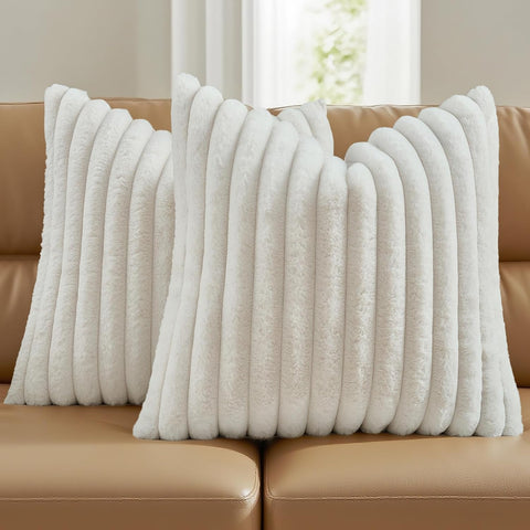 Pack of 2 Fluffy Faux Fur Throw Pillow Covers 26x26 Inch Elegant Striped Textured Decorative Euro Pillow Shams Modern