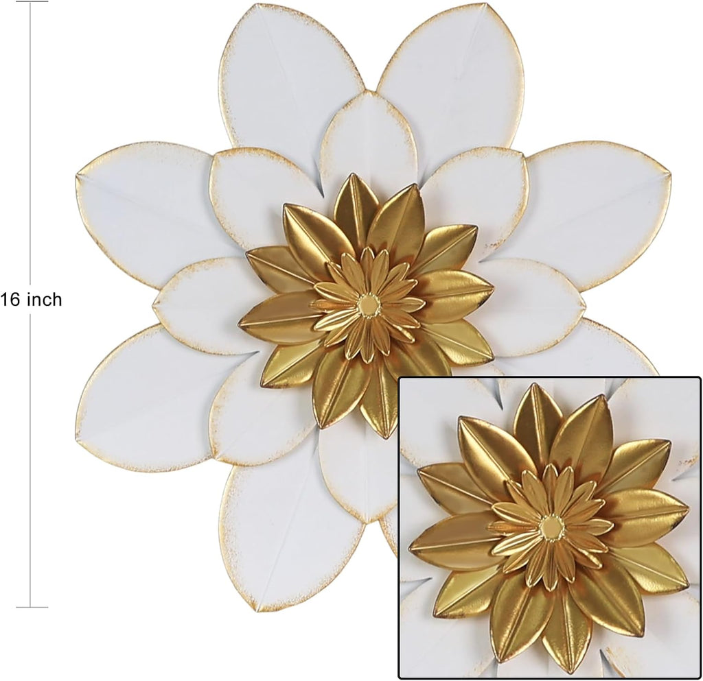 Metal Flower Wall Decor, 16" White Gold Floral Metal Wall Art Outdoor, Boho Farmhouse Modern Wall Decor, Porch