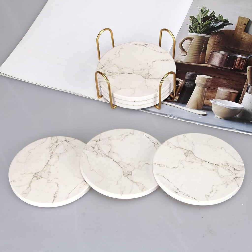 4inch Round White Marble Coaster with Gold Storage Rack - Set of 6