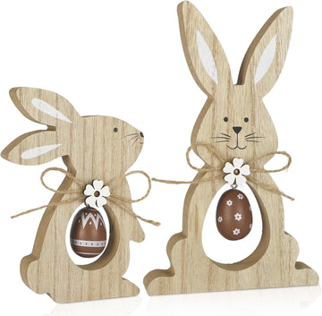 Easter Decorations Wooden Bunny Tiered Tray Decor Happy Easter Table Centerpieces Farmhouse Rabbit with Egg - Set of 2