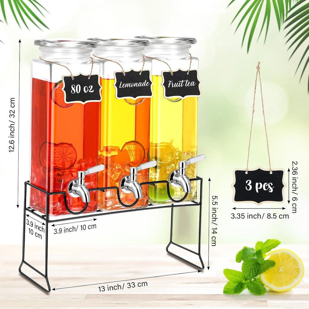 80 oz Tall Glass Drink Dispenser with Stand, Lid, Label and Stainless Steel Leakproof Spigot Beverage Water - Set of 3