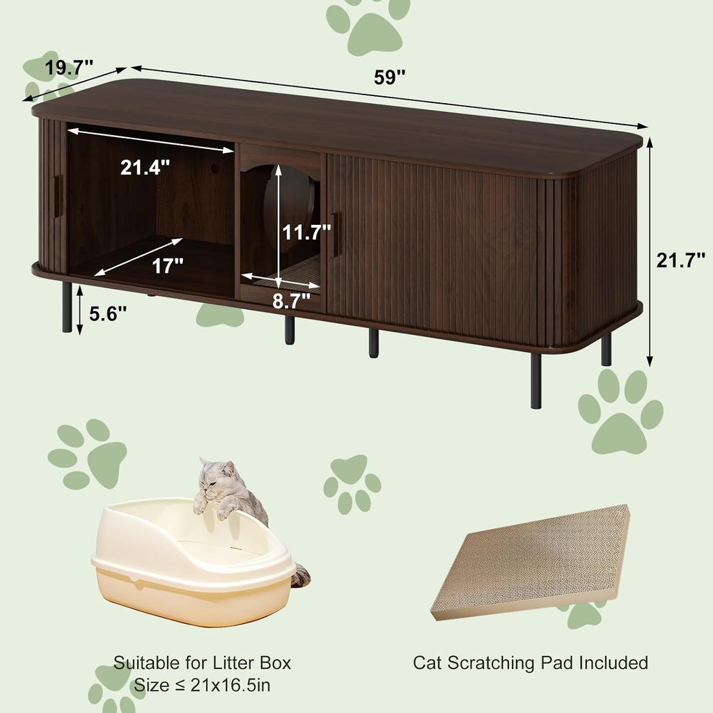 Double Cat Litter Box Enclosure Furniture, 59" Fluted Cabinet, Walnut