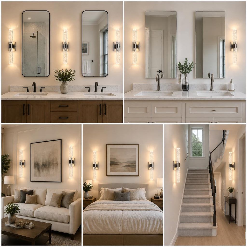 Modern Wall Sconces Set of Two, 3CCT Crystal Bathroom Sconces Wall Light, Brushed Nickel Vanity Light Fixture, Sconce