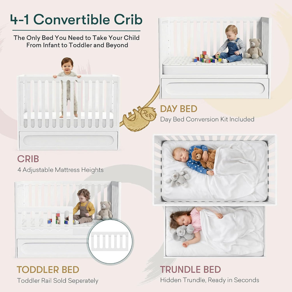 Lulla & Lulli 3-in-1 Convertible Baby Crib with Trundle - Solid Wood, Non-Toxic Finish, Converts to Toddler Bed &