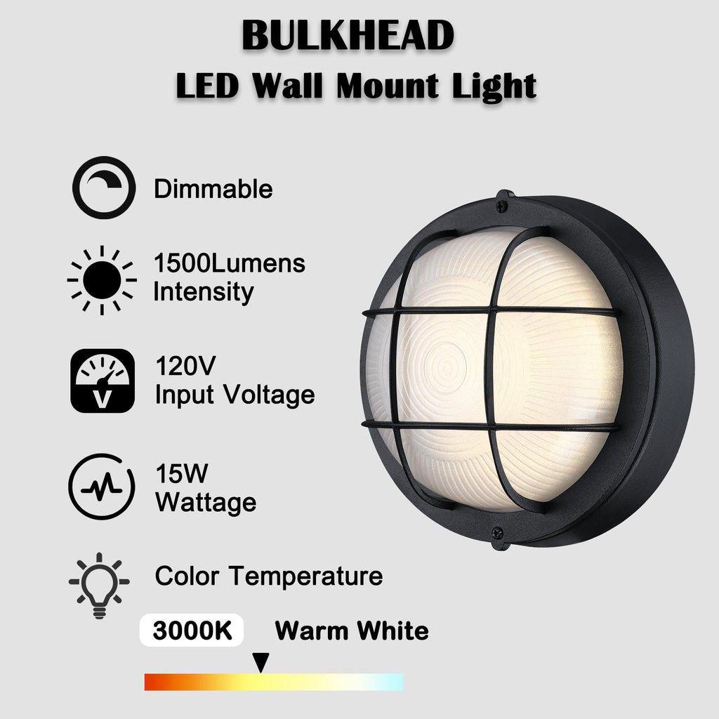 Outdoor LED Bulkhead Light, Aluminum, Round 3000K Black 2 Pack