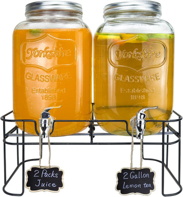 2 Gallon Larger Glass Drink Dispenser for Parties, 2 Packs Juice Lemonade Ice Tea Water Dispenser with Stand