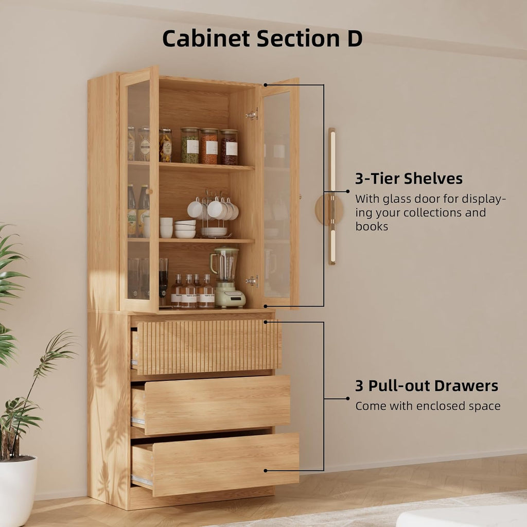 Tall Bookcase with Glass Doors and Drawers,71'' Wooden Bookshelf with Storage,Display Cabinet ,Set of 4 (DCCD)
