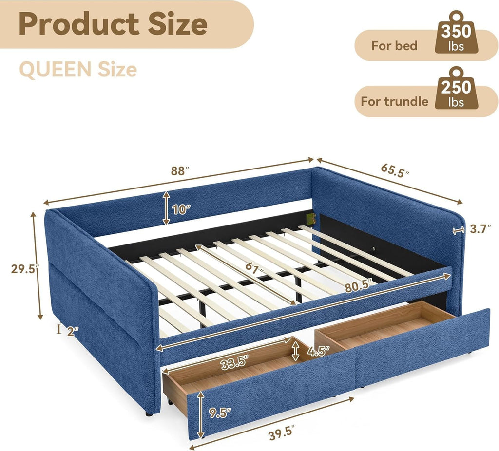 Queen Daybed Frame with 2 Storage Drawers, Boucle Upholstered Daybed, Tufted Corner Day Bed with Wood Slats Support