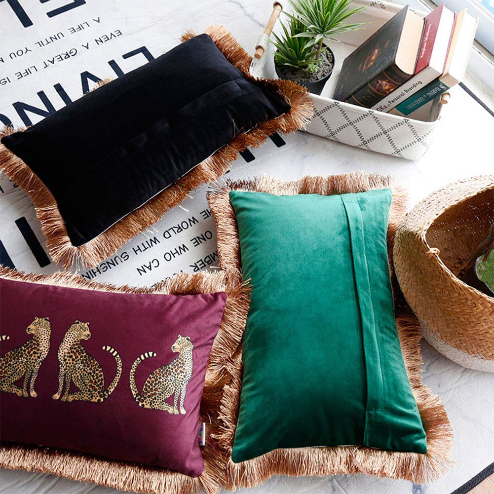 Lumbar Decorative Throw Pillow Cover with Tassels Leopard Pattern Cushion Cover Luxury Style Soft Velvet Pillowcase