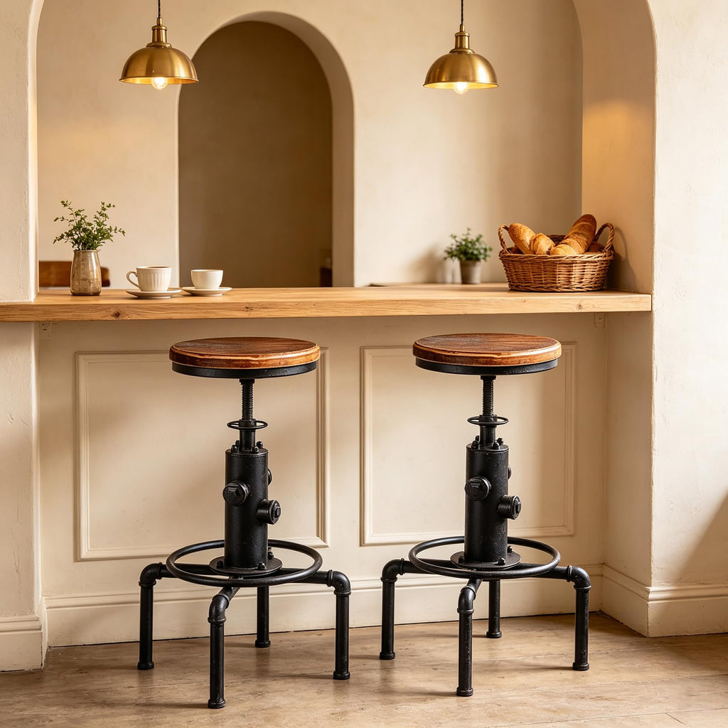 Vintage Industrial Bar Stools, Kitchen Counter Bar Stool Height Adjustable 23.6"-29.5" Swivel Bar Stool, Solid Wood