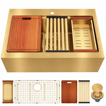 33 Inch Gold Farmhouse Sink, 16 Gauge Drop-In Apron Front Farm Sink