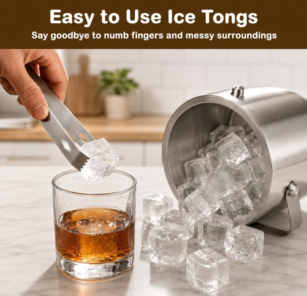 3L Double-Wall Stainless Steel Ice Bucket with Lid,Ice Scoop & Tongs,100oz - Set of 4