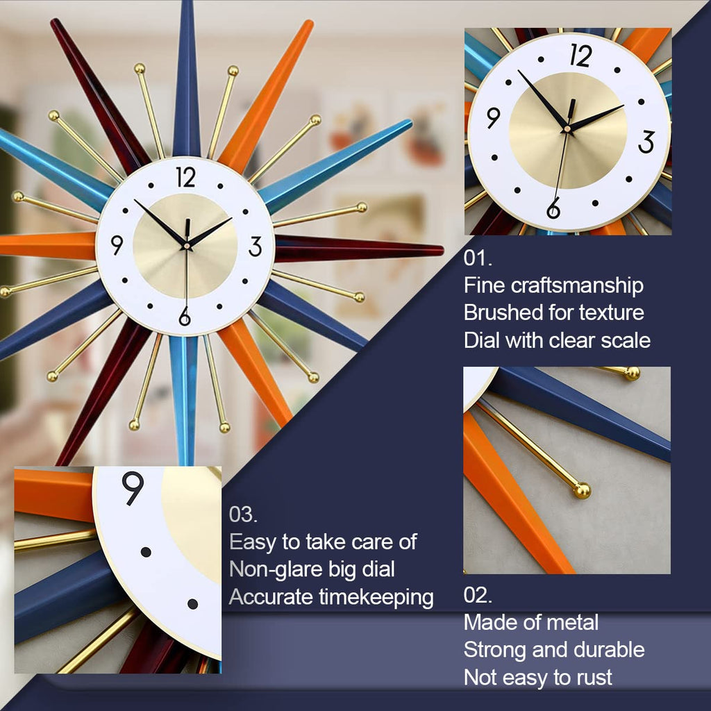 Large Wall Clock 22 Inch Mid Century Wall Clocks Starburst Clock Non Ticking Battery Operated 3D Wall Clocks Home