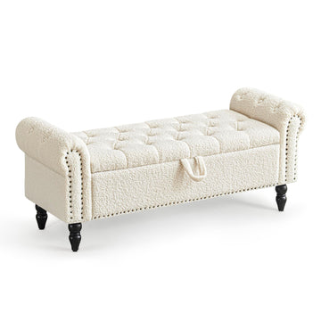 Modern Storage Ottoman Bench, Sherpa Ottoman End of Bed Bench with Solid Wood Legs Upholstered Ottoman Benches with