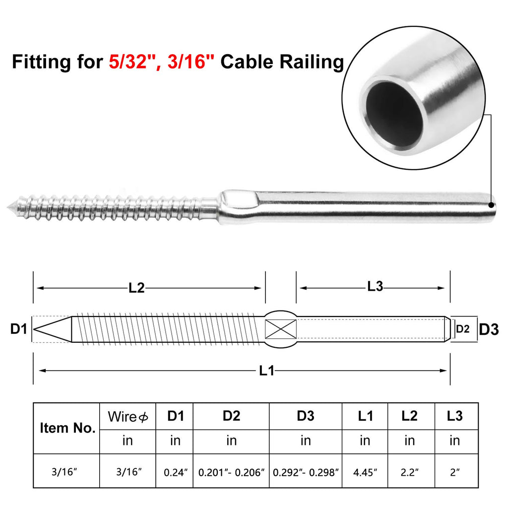 60 Pack 3/16" Cable Railing Left&Right Handed Thread Swage Lag Screws