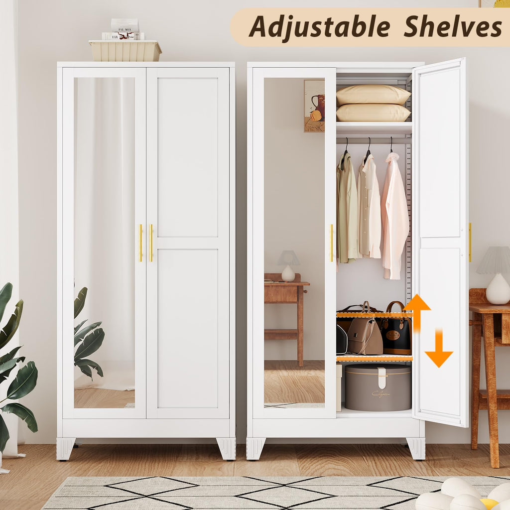Metal Wardrobe Storage Cabinet with Mirror and Hanging Rod,71'' Metal Clothing Cabinet with 2 Doors and 2 Adjustable