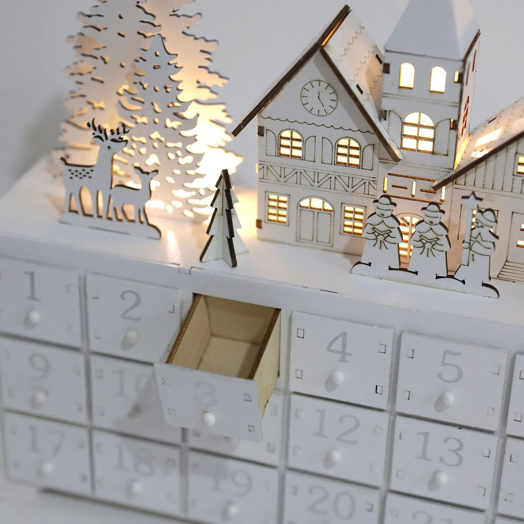 Christmas Wooden Advent Calendar House with 24 Drawers and LED-lit Scene, Countdown to Christmas Decoration to Fill